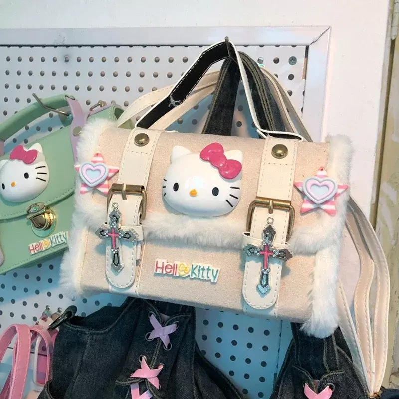 Bolsa de pelúcia rosa Hello Kitty para meninas, bolsa feminina bonita, carteira de moda, presente para primavera e verão, nova, 2024
