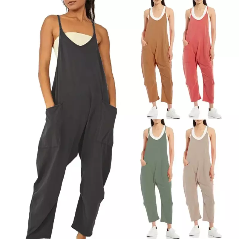 Ladies Straight Overalls for Women Summer Stretch Jumpsuit for Women Stylish Solid Cotton Jumpsuits Women Big Pocket Jumpsuit