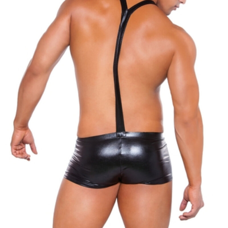 Pakaian dalam seksi sederhana pakaian dalam pria celana dalam ketat pria Jumpsuit Boxer celana dalam hitam kulit imitasi untuk pertunjukan panggung