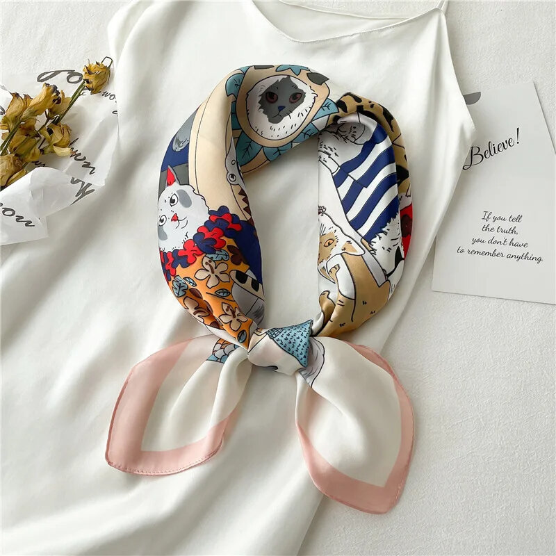 Bufanda cuadrada de seda de imitación de gato de dibujos animados para mujer, pañuelo multifunción para la cabeza, marca de lujo, primavera y verano