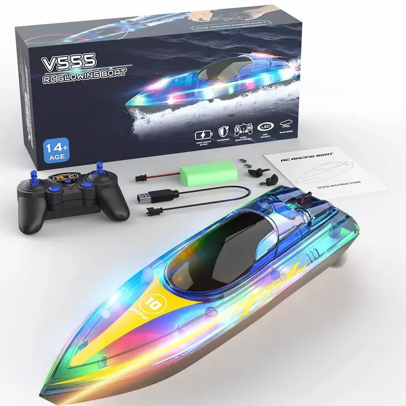 V555 2.4GHz Lighting Racing RC Boat 15KM/H With Transparent Cover & Bright LED Light Effect For Pool Toys