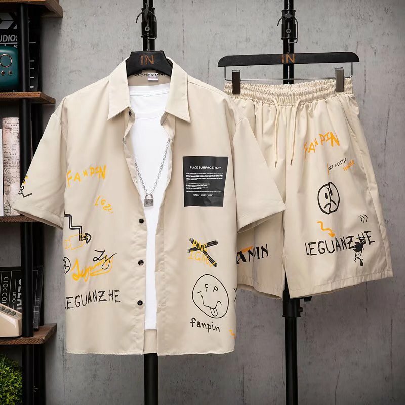 Ubrania dla mężczyzn śmieszne grafiki spodenki garnitury buźka Graffiti Top wygodne szorty 2 częściowy zestaw Harajuku moda Streetwear