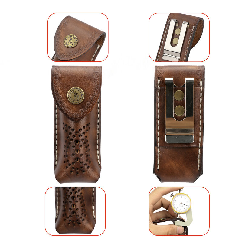 Tourbon 4.1" Leather Knife Sheath Snap Case Multipurpose Knife Pouch for Small Folding Knife EDC Holster Clip-on Belt Brown