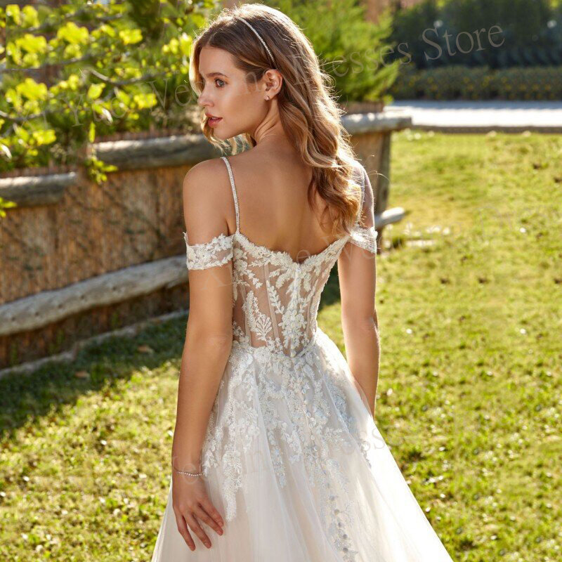 2024 Elegant Sweetheart A Line Women's Wedding Dresses Lace Appliques Button Bride Gowns Off The Shoulder Tulle Side Split 웨딩드레스