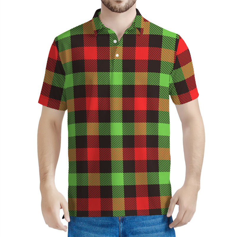 Camisa polo padrão de grades multicoloridas para homens e mulheres, camisetas xadrez estampadas em 3D, tops casuais de mangas curtas soltas, camiseta de lapela