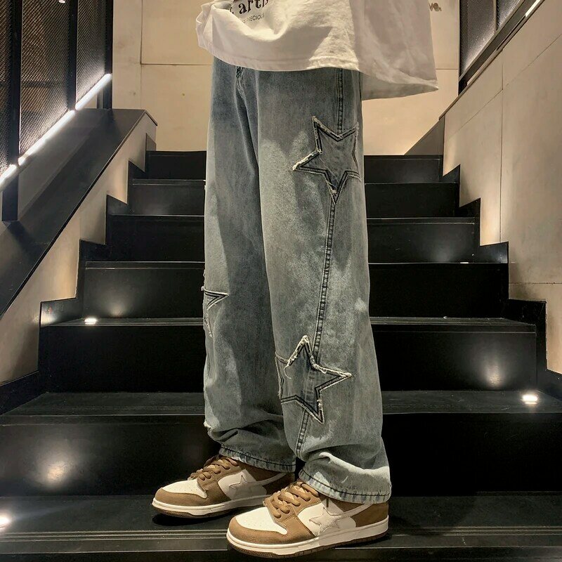 Y2k Vintage Männer koreanische schwarze Streetwear übergroße Stern ästhetische gerade Hose weites Bein Jeans alt Jeans hose Frauen kleider