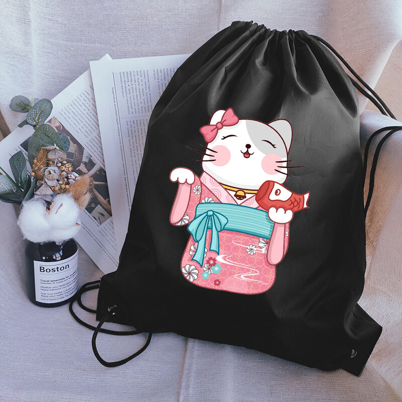 Bolsa de estampado de gato con cordón de mochilas con lazo japonés, bolsa de almacenamiento portátil gruesa, impermeable, venta al por mayor