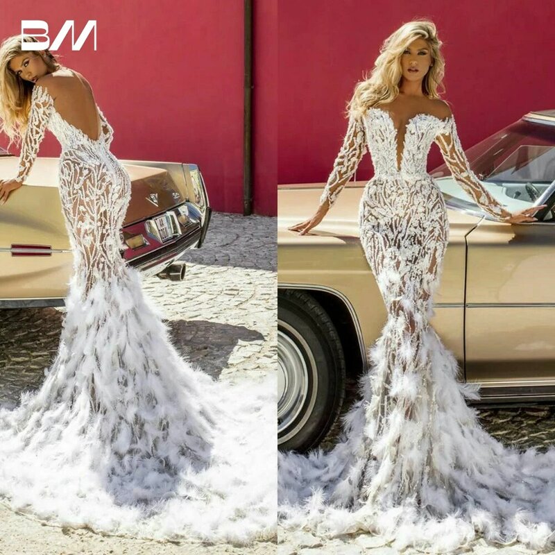 Vestidos de noiva apliques, vestido de noiva sereia, tamanho grande, manga longa, sem costas, Dubai, luxo, pena