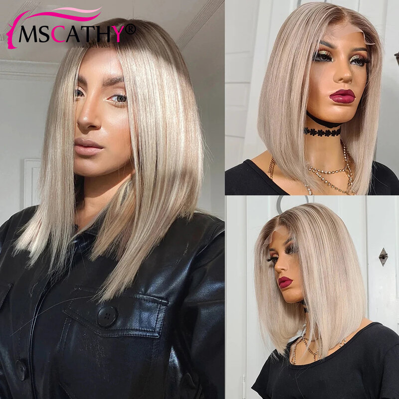 Cut Short Bob Wig Ash Blond Highlight Lace Front Wigs For Women Human Hair HD Transparent 613 Lace Frontal Wig 150% Density