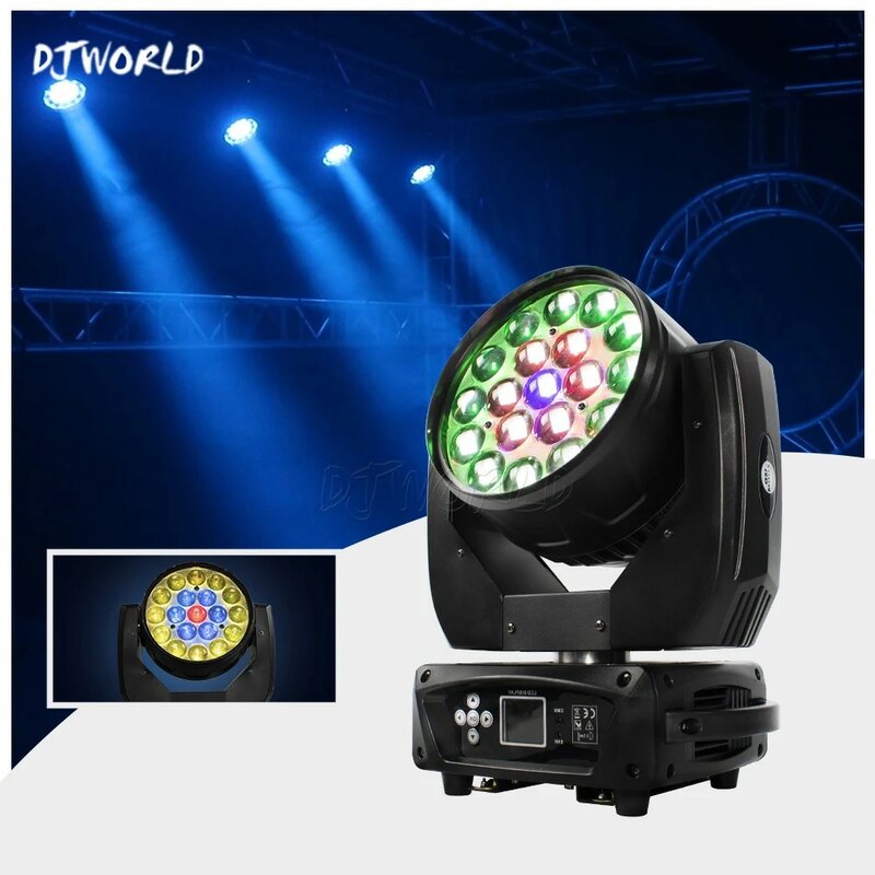 LED Moving Head Zoom e Wash Light, DMX Iluminação de Palco, Bar Boate, Soundlights, Equipamento de DJ, Disco Light, Party Spotlight, 19x15W