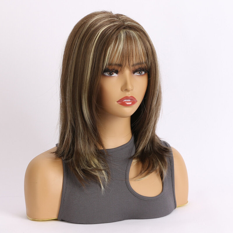 Długa prosta peruka z grzywką Brązowa mieszana jasnozłota peruka dla kobiet Codzienne imprezowe peruki syntetyczne Włókno termoodporne Sztuczne włosy