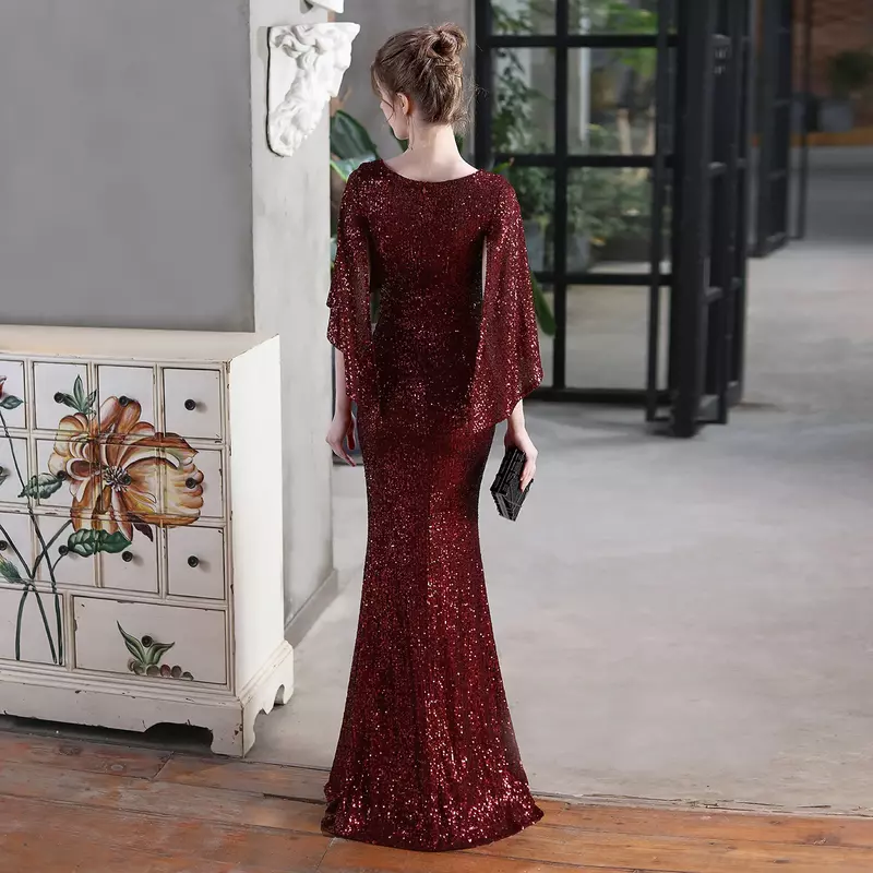 Sladuo damski dekolt w szpic cekinowa sukienka Maxi dzwonkowy rękaw rozcięty koktajl wieczorowe sukienki Maxi przedsionek