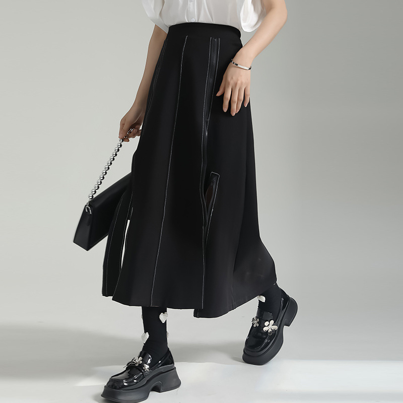 Черная юбка на молнии, сексуальная женская трапециевидная облегающая юбка с завышенной талией, однотонная уличная одежда средней длины, уличная одежда