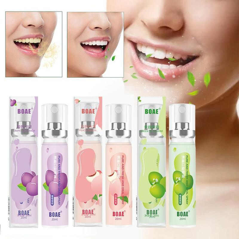 Sabor de frutas Spray Oral Fresco, Purificador de boca, Remova o mau hálito, Desodorante, Doce, Uva, Pêssego, 20ml