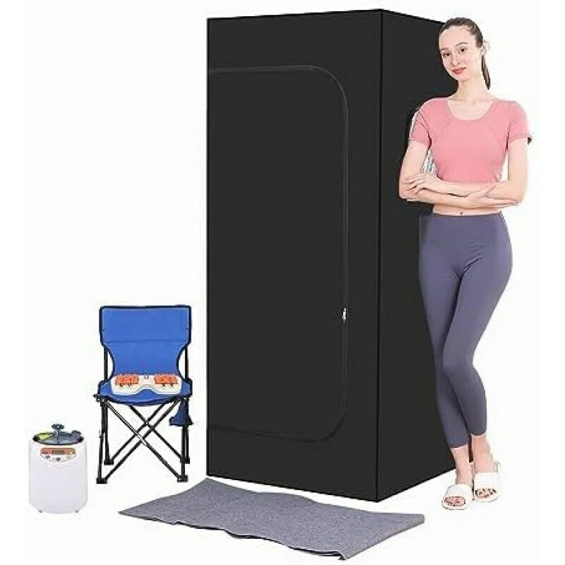 Full body personal home sauna box, portable steam SaaS tent, 1100W & 3L sauna steamer, remote control, foldable chair (Blac