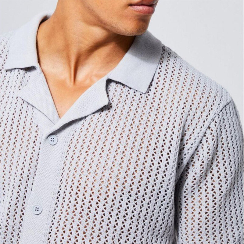 Cárdigan de punto a la moda para hombre, camisa de manga corta con botones de solapa, Camiseta de punto suelta, Top calado fresco de verano