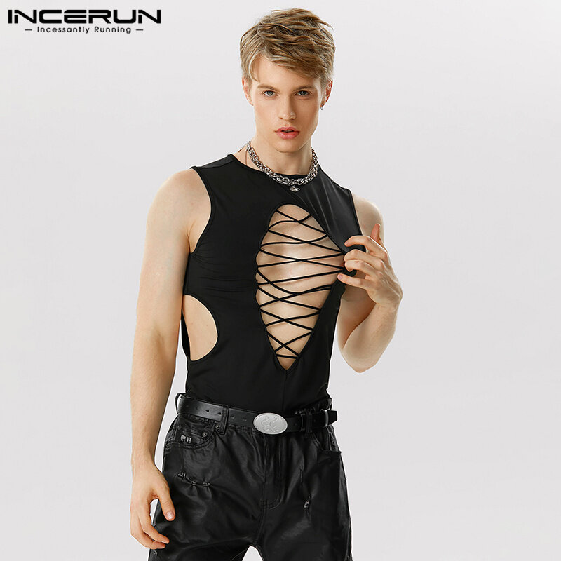 INCERUN Sexy Homewear New Men's Fur Cross Design Rompers Fashion Male Solid Hollow out Tight Triangle Sleeveless Bodysuits S-5XL