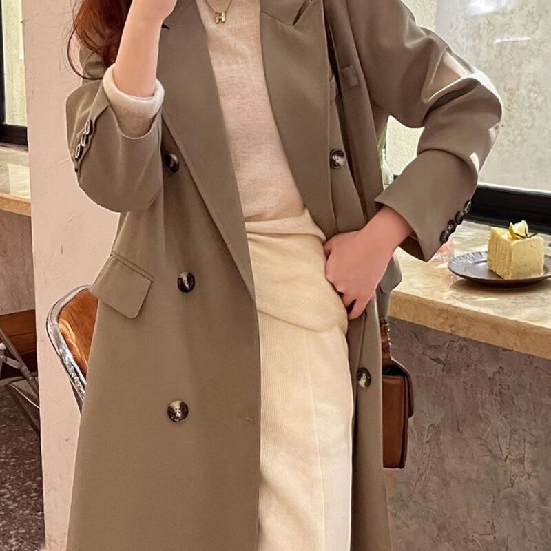 Midi Blazers Coats Women Solid Double Breasted Loose Autumn Winter Elegant All-match Female Gentle Coldproof Leisure Daily Chic