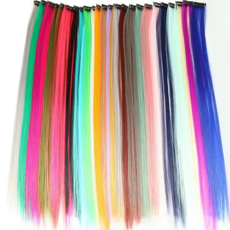 50cm Rainbow Synthetic Hair Extensions With Clips Heat Resistant Wigs For Women Straight Hairpieces Colored Highlight Hair Clip
