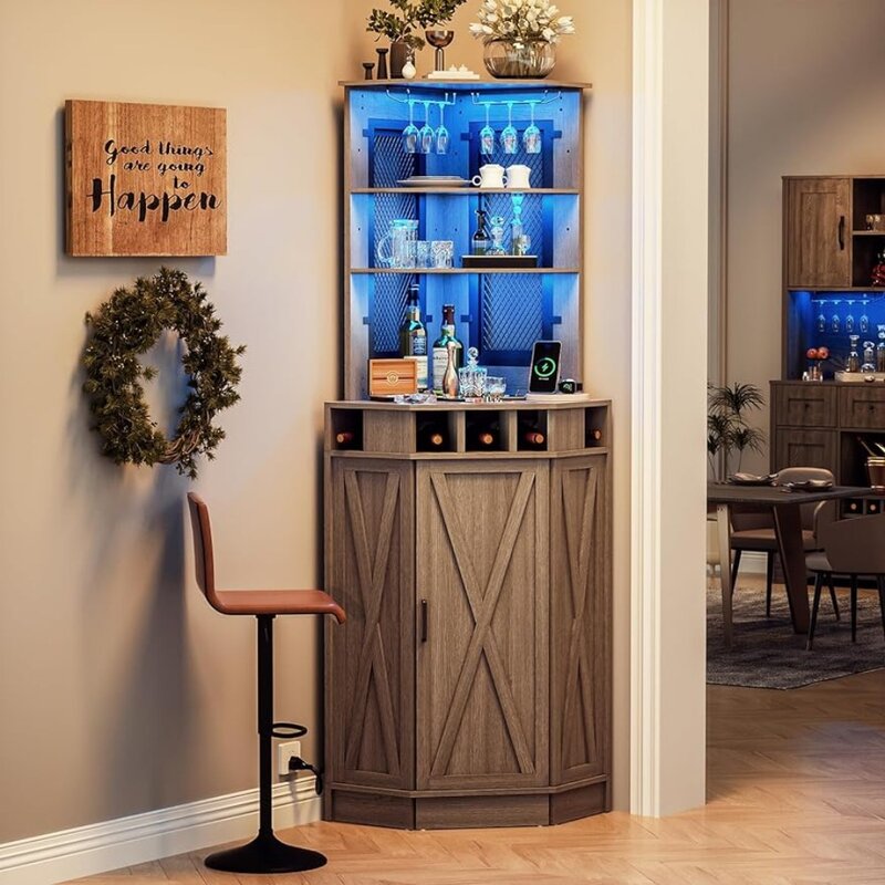 Rústico Bar Gabinete com LED RGB Tomada e Wine Rack, Quinta com 2 Prateleiras ajustáveis, 73,6 em