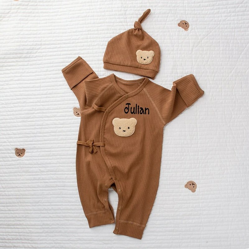 Pakaian kustom piyama Dalaman untuk anak laki-laki dan perempuan, jumpsuit lengan panjang lembut dengan nama kustom bordir beruang Teddy baru lahir