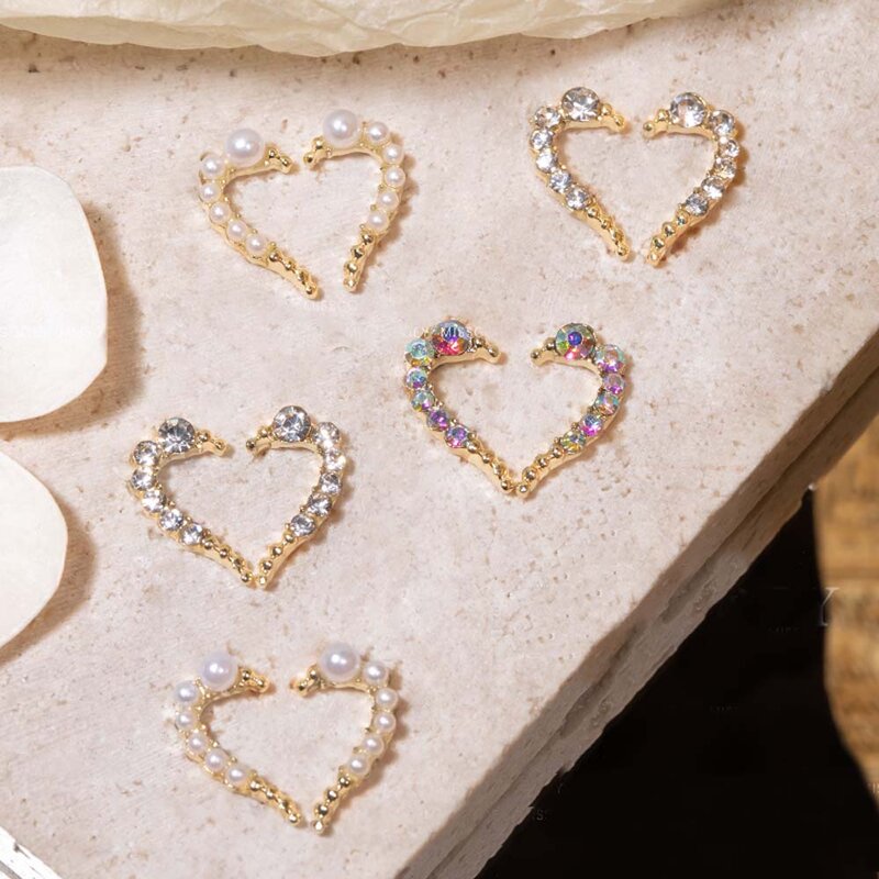 3D Half Heart Nail Art Charms 10pcs Alloy Heart Rhinestones AB Color Pearl Metal Gold 6.5*12mm Nail Studs Crystal Decorations