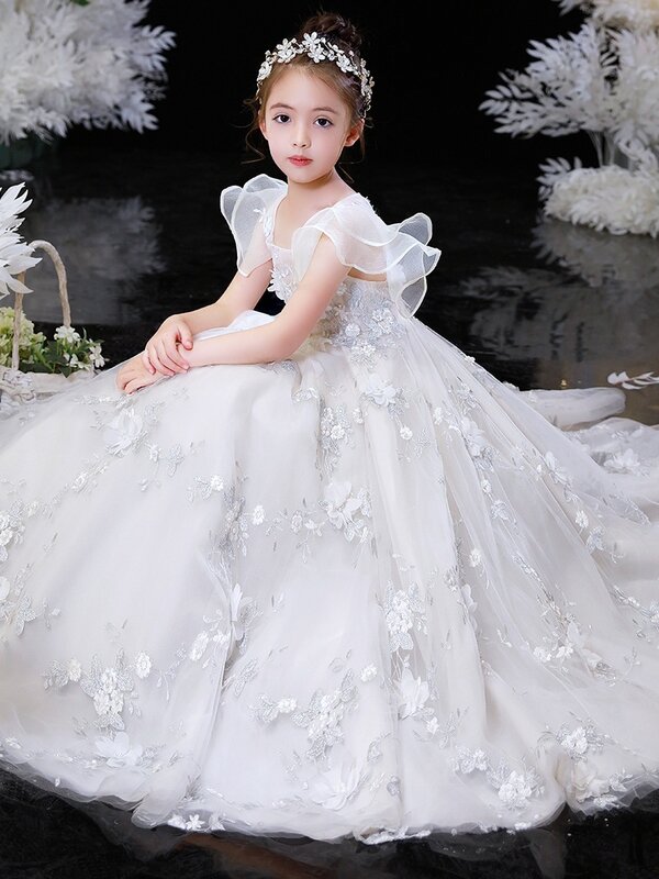 Новое Детское платье, свадебное платье для девочки с цветами, для приемов маленькой девочки, пушистое платье принцессы, модельное платье для выступлений