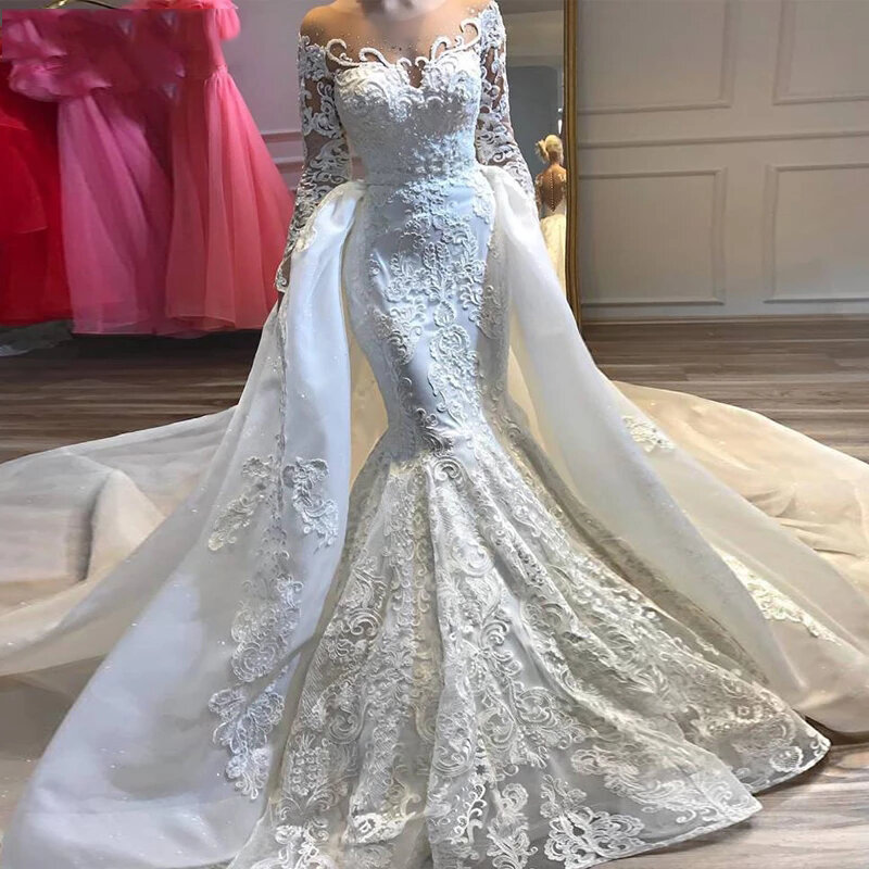 Deluxe Applique นางเงือกชุดแต่งงานมุสลิมคอยาวแขนยาวลูกปัดถอดออกได้ Train Bridal Gowns Vestido De Noiva 2023