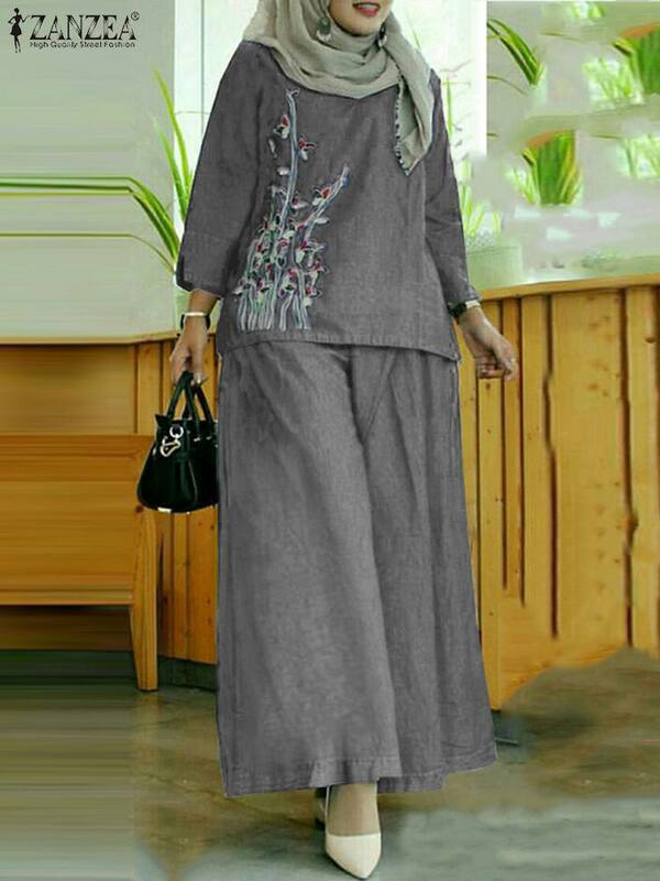 ZANZEA-Blusa de manga comprida e calças largas para mulheres, roupas de treino florais casuais, conjuntos de correspondência vintage, cintura alta, roupas muçulmanas, outono