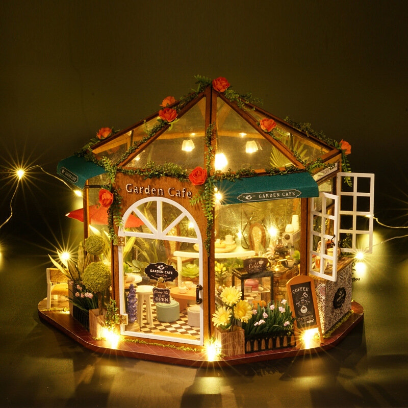 DIY木製ドールハウス、家具ライト付き、ミニチュアビルディングキット、ティーとコーヒーハウス、女の子のためのヴィラ、誕生日プレゼント