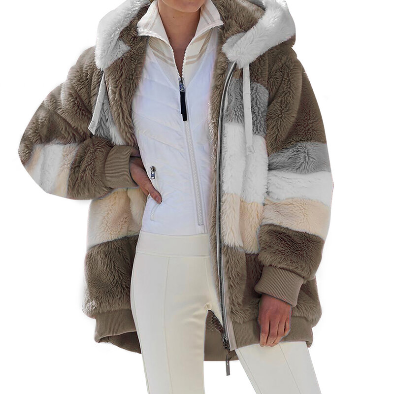 여성용 오버사이즈 재킷, 따뜻한 플러시 포켓 후드 스트리트웨어, 느슨한 지퍼 캐시미어 아우터 코트, 2023 가을 겨울 코트