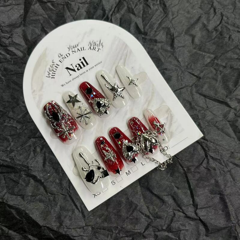 10 buah buatan tangan mewah Goth merah dapat dipakai Tekan pada kuku y2k Pedas gadis desain tambalan penutup penuh peti mati panjang akrilik ujung kuku