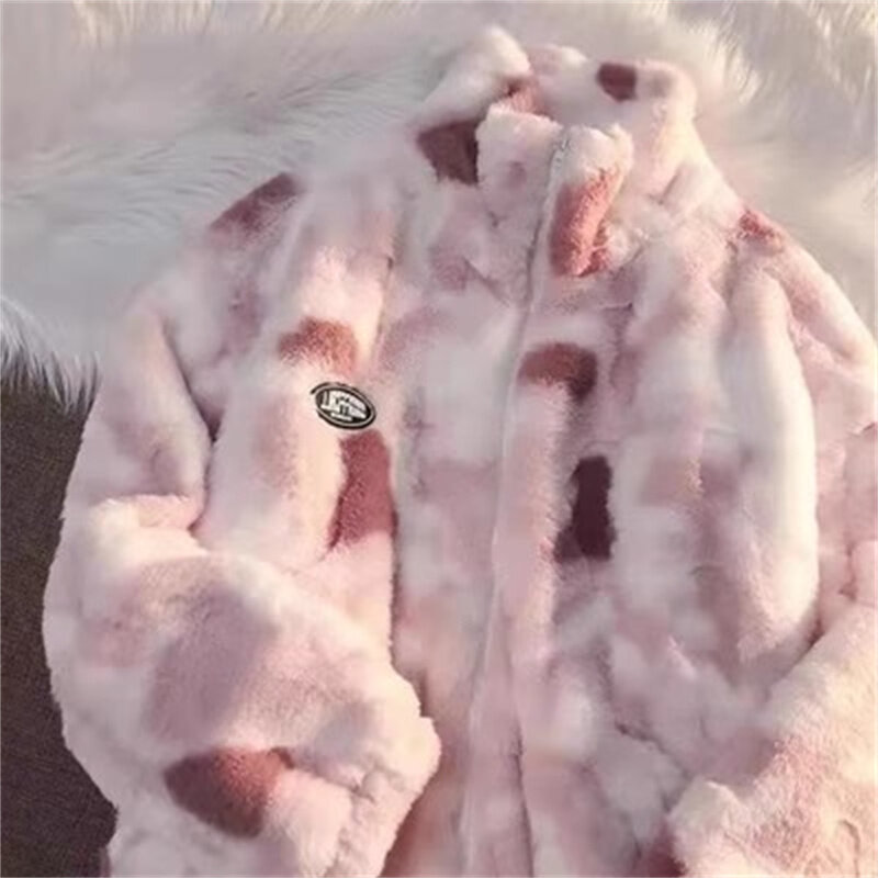Manteau en peluche teint à col montant pour couple, laine d'agneau et coton, vêtements d'extérieur coréens, sourire, printemps et automne, nouveau, 2023