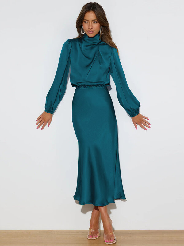 Vestido de fiesta de noche de satén para mujer, ropa elegante de manga larga, color albaricoque, negro y verde, vestidos de cóctel de alta calidad, 2024