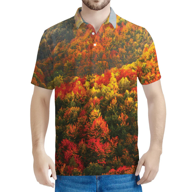 Polo imprimé 3D forêt d'automne pour hommes, motif de paysage, manches courtes, t-shirt à revers de rue d'été, t-shirts bouton adt