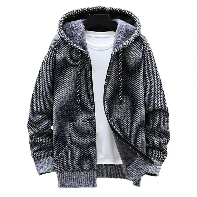 Men Winter Thickened Plush Lining Sweater Coat Hooded Drawstring Long Sleeve Pockets Zipper Placket Cardigan Knitted Jacket