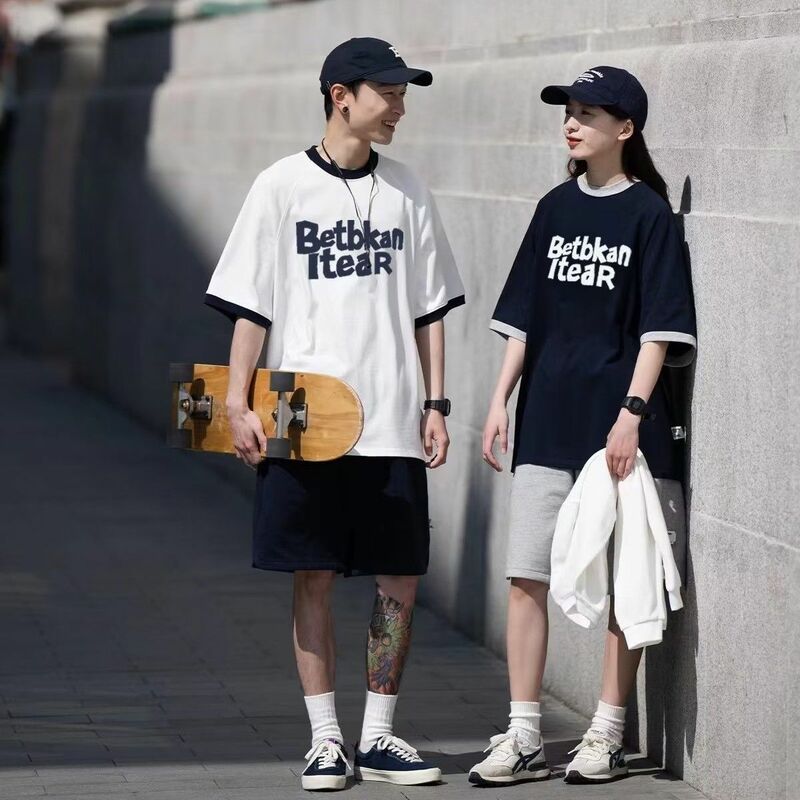 Atasan pasangan katun retro Korea raglan Lengan sederhana longgar warna blok kaus pria y2k musim panas hip hop jalan klasik leher bulat