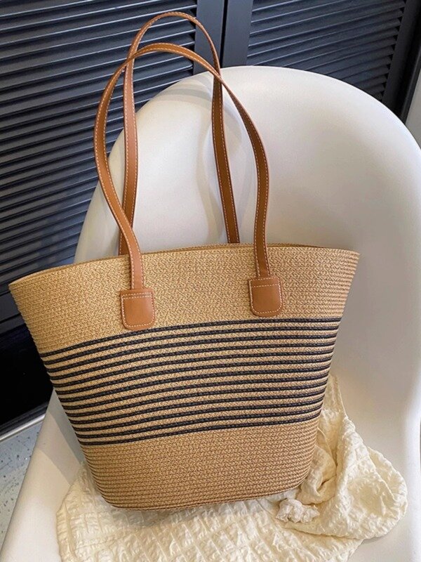 Saco de palha tecido Rattan para mulheres, sacola de praia grande capacidade para o verão