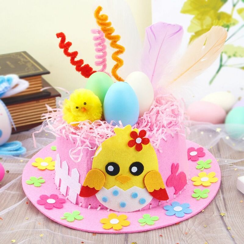 Chapeau de lapin de Pâques fait à la main pour enfants, coquille d'œuf peinte, tissu non tissé, bricolage, jouet décoré, poussin