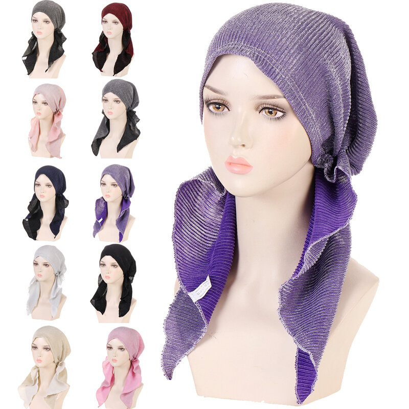 New Hijab Turban Hats for Women Pre Tied Solid Color Glitter Headscarf Caps Pleated Chemo Beanies Headwear for Cancer Bandanas