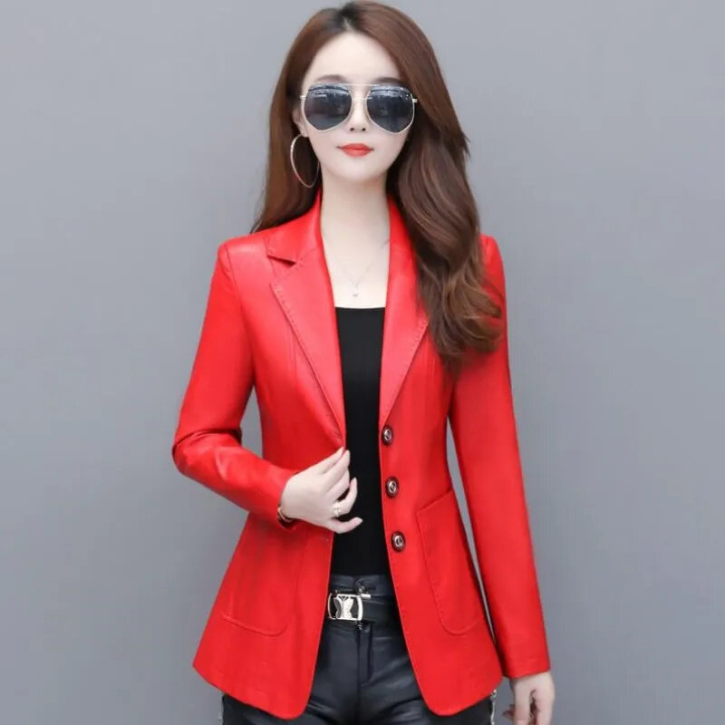 Chaqueta de cuero genuino para mujer, abrigo de piel de oveja delgada, moda coreana, chaquetas reales negras y rojas, Blazer informal para mujer