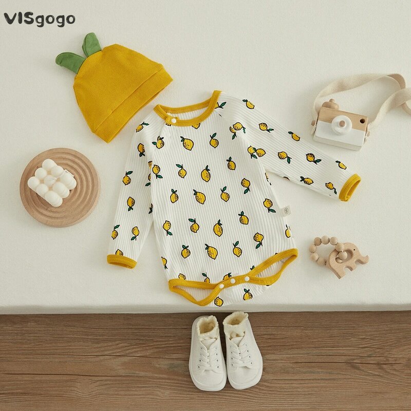 VISgogo-Macacão com estampa de abacaxi para bebês, macacão com nervuras, manga comprida, chapéu, roupa casual, fofo, primavera, outono