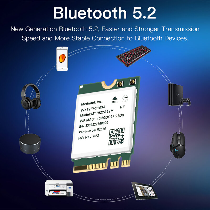 WiFi 6E MT7922 M.2 Wireless Card 5374Mbps Bluetooth 5.2 Network Adapter 802.11ax 2.4G/5G/6GHz MediaTek MT7922 MU-MIMO Win 10 11