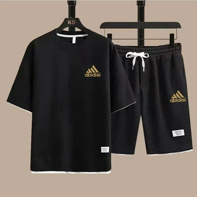 Letni garnitur dla mężczyzn Tkanina waflowa Moda Odzież codzienna T-Shirt + Szorty Dwuczęściowy zestaw Męski dres sportowy z krótkim rękawem