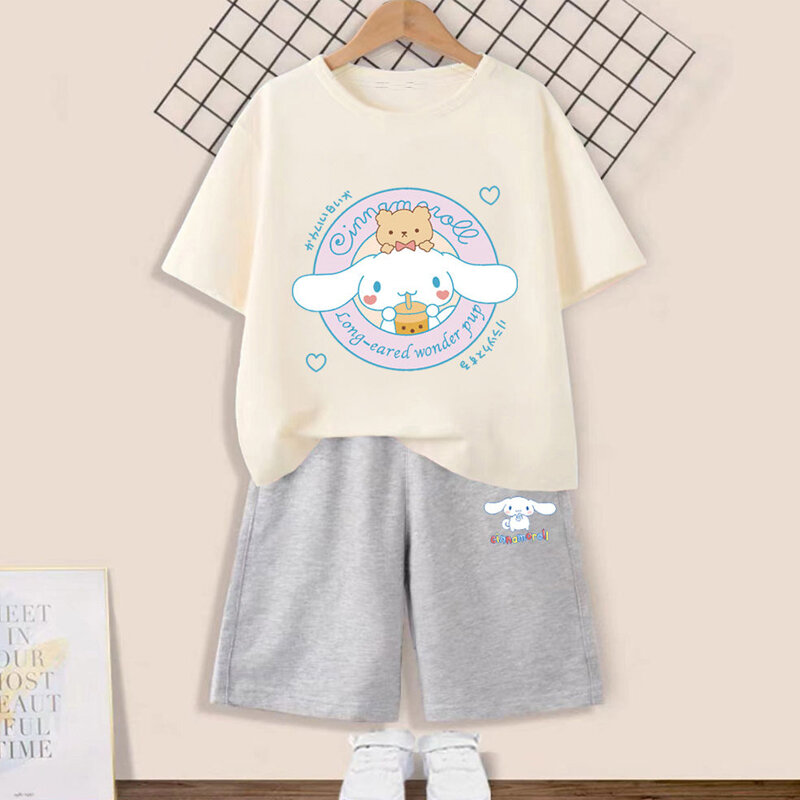 Sanrio Kuromi Cinnamoroll Children Summer T-Shirt Shorts Set Short-Sleeved Cartoon Casual Clothes Girl Boy Sportswear Kid Gift