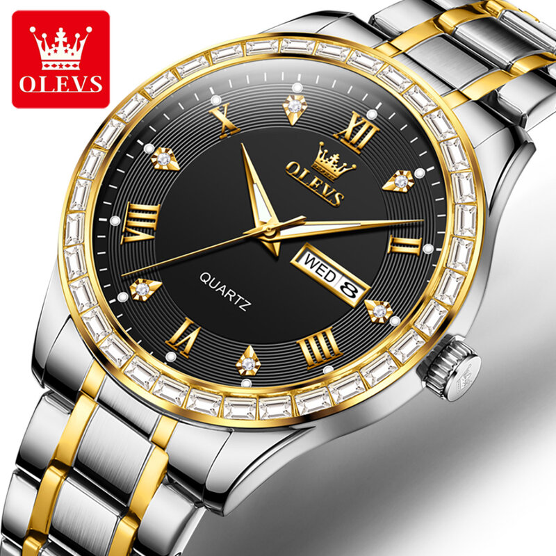 OLEVS-9906 Stainless Steel Quartz Watch, Round Dial Pulseira, Week Display, Calendário, Presente de Moda