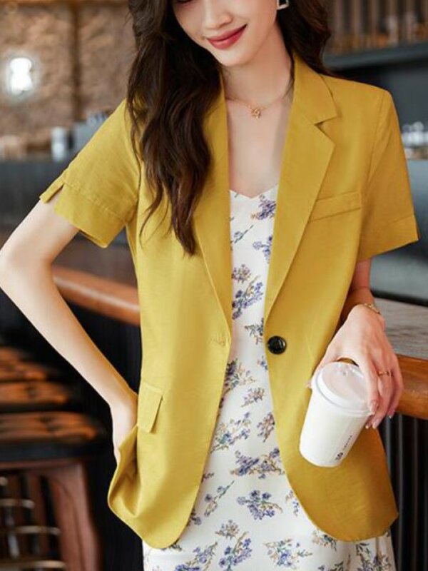Jaqueta feminina casual de manga curta, streetwear básico, blazer de escritório, casacos femininos, tops da deusa, roupas da moda verão