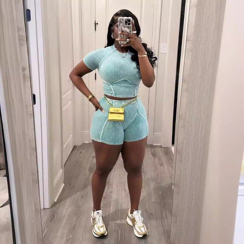 Solid Color Womem Two Piece Set Tracksuit 2024 Summer Round Neck Short Sleeve Crop Top Slim Fit Shorts Sports Outfits Streetwear