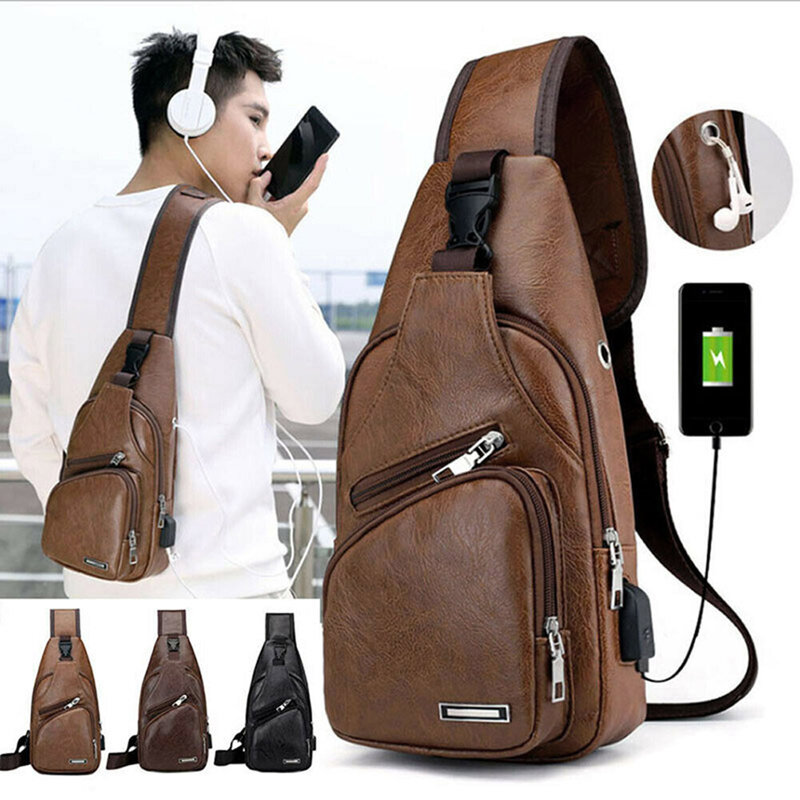 Men Shoulder Bag USB Charging Sports Crossbody Sling Chest Pack Bag Shoulder Bag Sling Chest Pack Sport Outdoor Travel Business