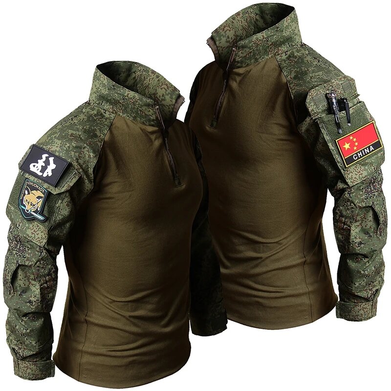 RU 카모 전술 세트 남성용 야외 통기성 긴팔 티셔츠 및 멀티 포켓 스트레이트 카고 바지, 세트 훈련 전투 세트, 2 개